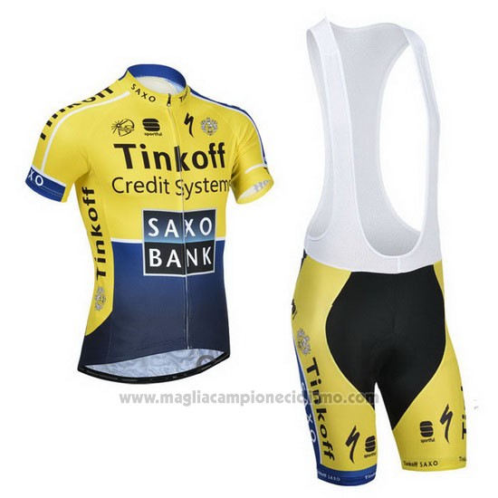 2014 Abbigliamento Ciclismo Tinkoff Saxo Bank Blu e Giallo Manica Corta e Salopette